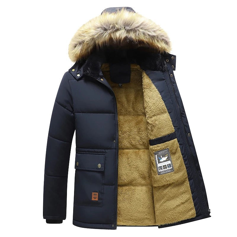 Herren-Parka mit abnehmbarer Kunstfellkapuze, warmem Futter und Pattentaschen für den Winter in Blau