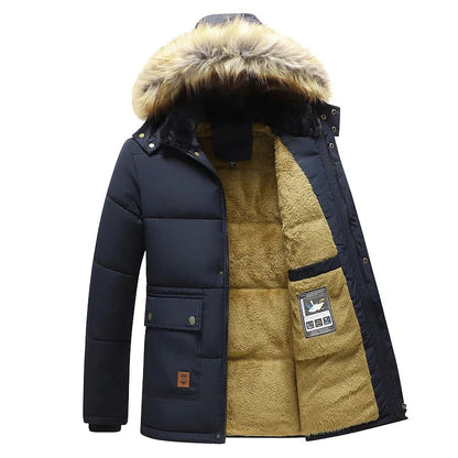 Herren-Parka mit abnehmbarer Kunstfellkapuze, warmem Futter und Pattentaschen für den Winter in Blau