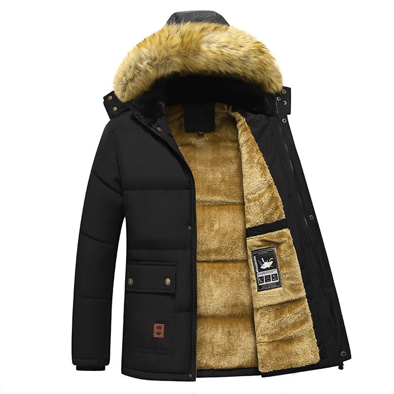 Herren-Parka mit abnehmbarer Kunstfellkapuze, warmem Futter und Pattentaschen für den Winter in Schwarz