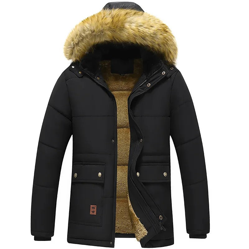 Herren-Parka mit abnehmbarer Kunstfellkapuze, warmem Futter und Pattentaschen für den Winter, Ansicht 4