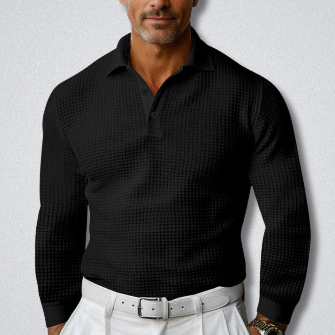 Herren-Polopullover in Waffelstruktur mit Polokragen, Knopfleiste und langen Ärmeln in Schwarz