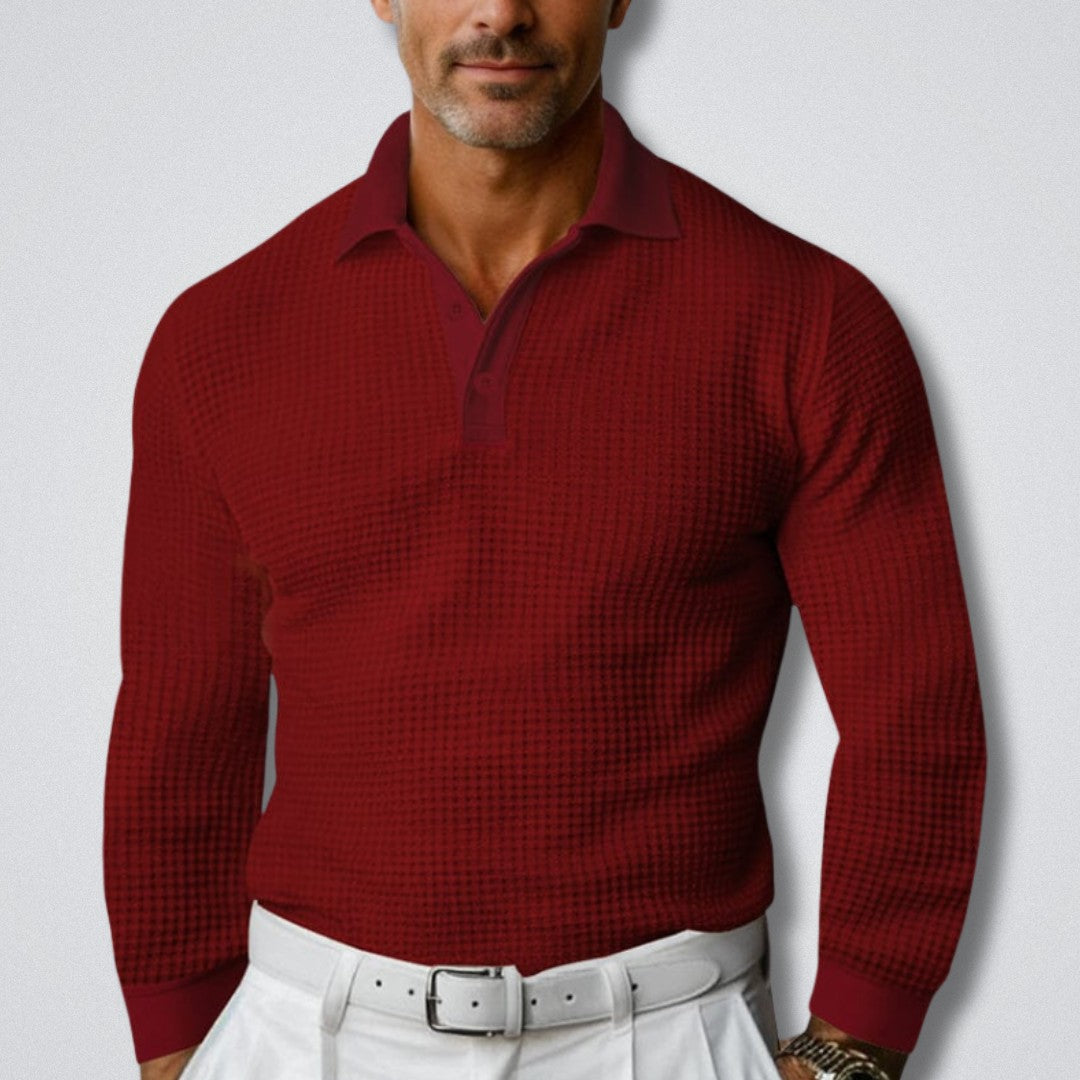 Herren-Polopullover in Waffelstruktur mit Polokragen, Knopfleiste und langen Ärmeln in Rot