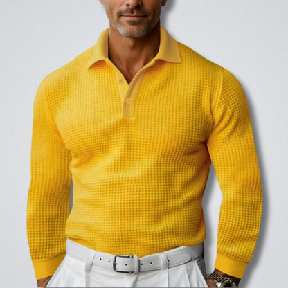 Herren-Polopullover in Waffelstruktur mit Polokragen, Knopfleiste und langen Ärmeln in Gelb