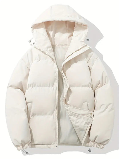 Herren-Pufferjacke mit fester Kapuze, horizontaler Steppung und durchgehendem Reißverschluss in Beige