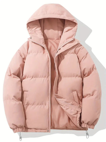 Herren-Pufferjacke mit fester Kapuze, horizontaler Steppung und durchgehendem Reißverschluss in Rosa