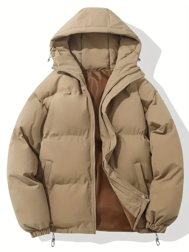 Herren-Pufferjacke mit fester Kapuze, horizontaler Steppung und durchgehendem Reißverschluss in Khaki