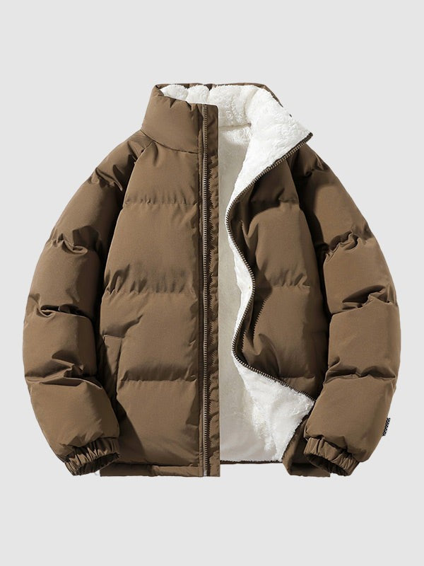 Herren-Pufferjacke mit Fleecefutter, Stehkragen und Reißverschluss für Herbst und Winter in Braun