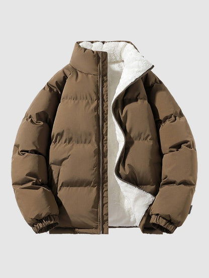 Herren-Pufferjacke mit Fleecefutter, Stehkragen und Reißverschluss für Herbst und Winter in Braun
