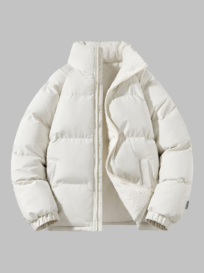 Herren-Pufferjacke mit Fleecefutter, Stehkragen und Reißverschluss für Herbst und Winter in Beige