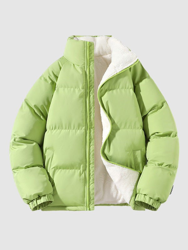 Herren-Pufferjacke mit Fleecefutter, Stehkragen und Reißverschluss für Herbst und Winter in Grün