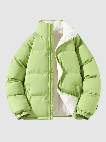Herren-Pufferjacke mit Fleecefutter, Stehkragen und Reißverschluss für Herbst und Winter in Grün