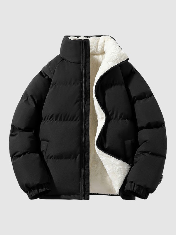 Herren-Pufferjacke mit Fleecefutter, Stehkragen und Reißverschluss für Herbst und Winter in Schwarz