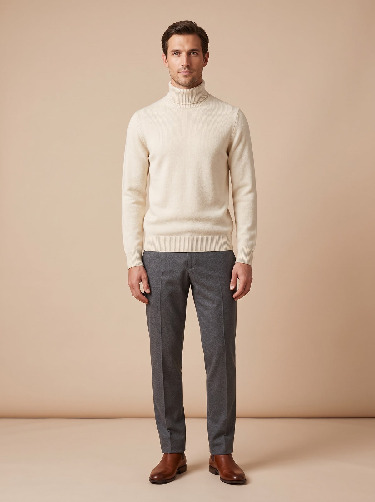 Herren-Rollkragenpullover aus Merinowolle in Creme, getragen im Studio