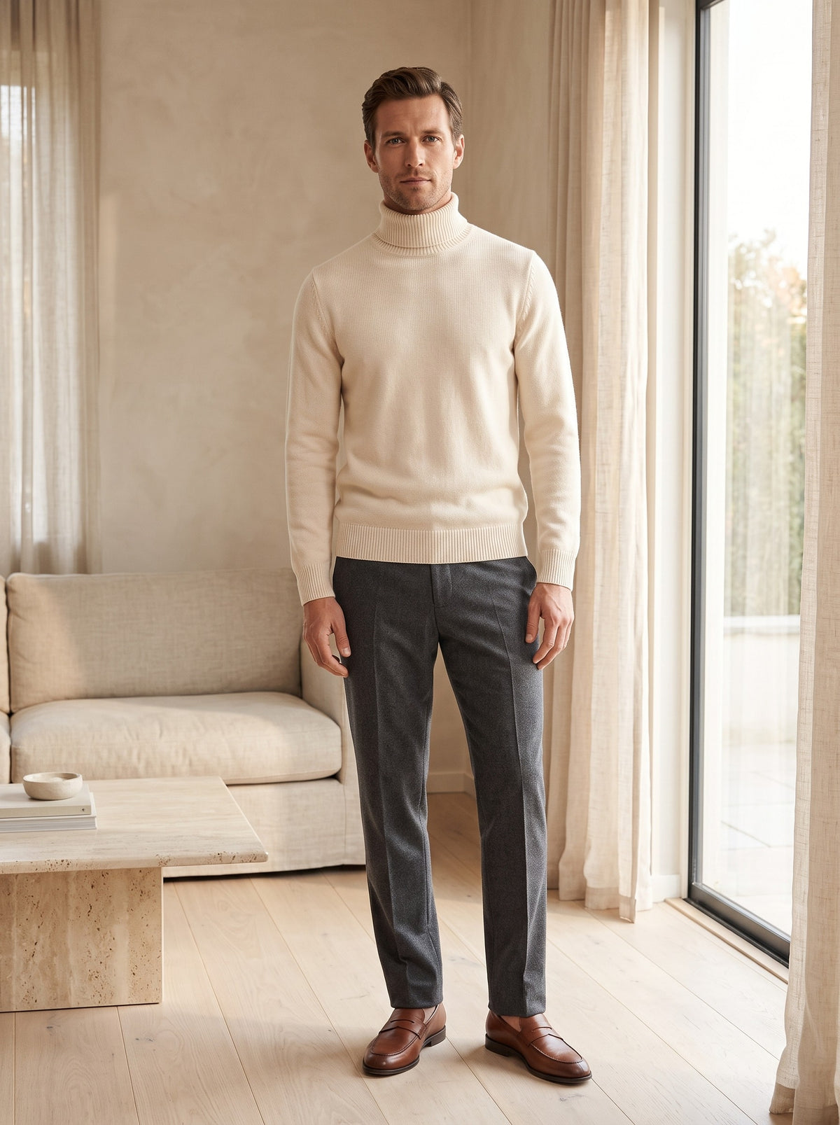 Herren-Rollkragenpullover aus Merinowolle in Creme, getragen im Wohnzimmer