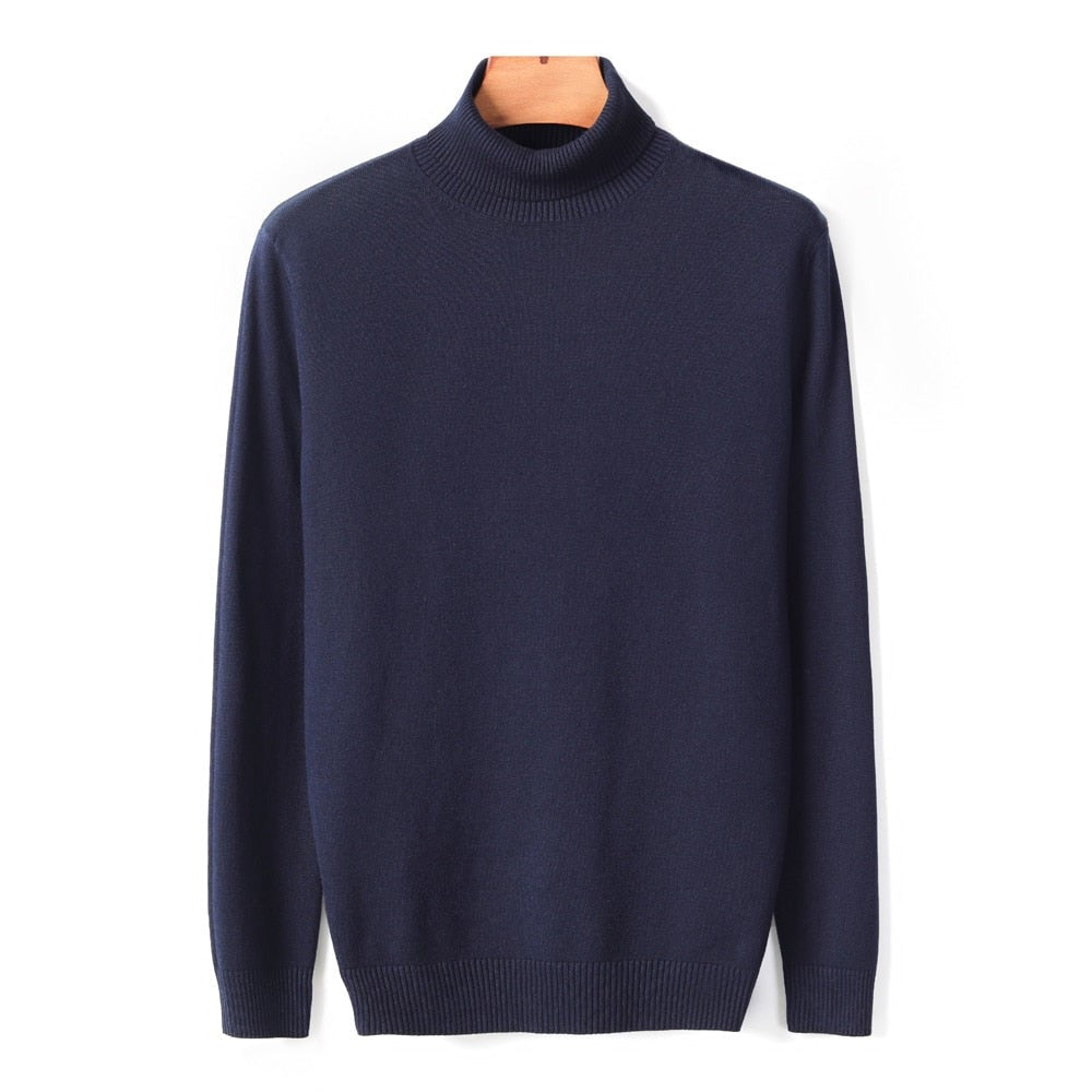 Herren-Rollkragenpullover aus Feinstrick mit Rippbündchen für Herbst und Winter in Marineblau
