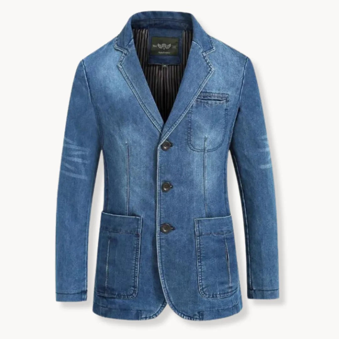 Herren-Sakko in Jeansoptik mit Reverskragen, aufgesetzten Taschen und Ellbogenpatches in Hellblau