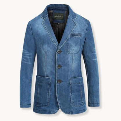 Herren-Sakko in Jeansoptik mit Reverskragen, aufgesetzten Taschen und Ellbogenpatches in Hellblau