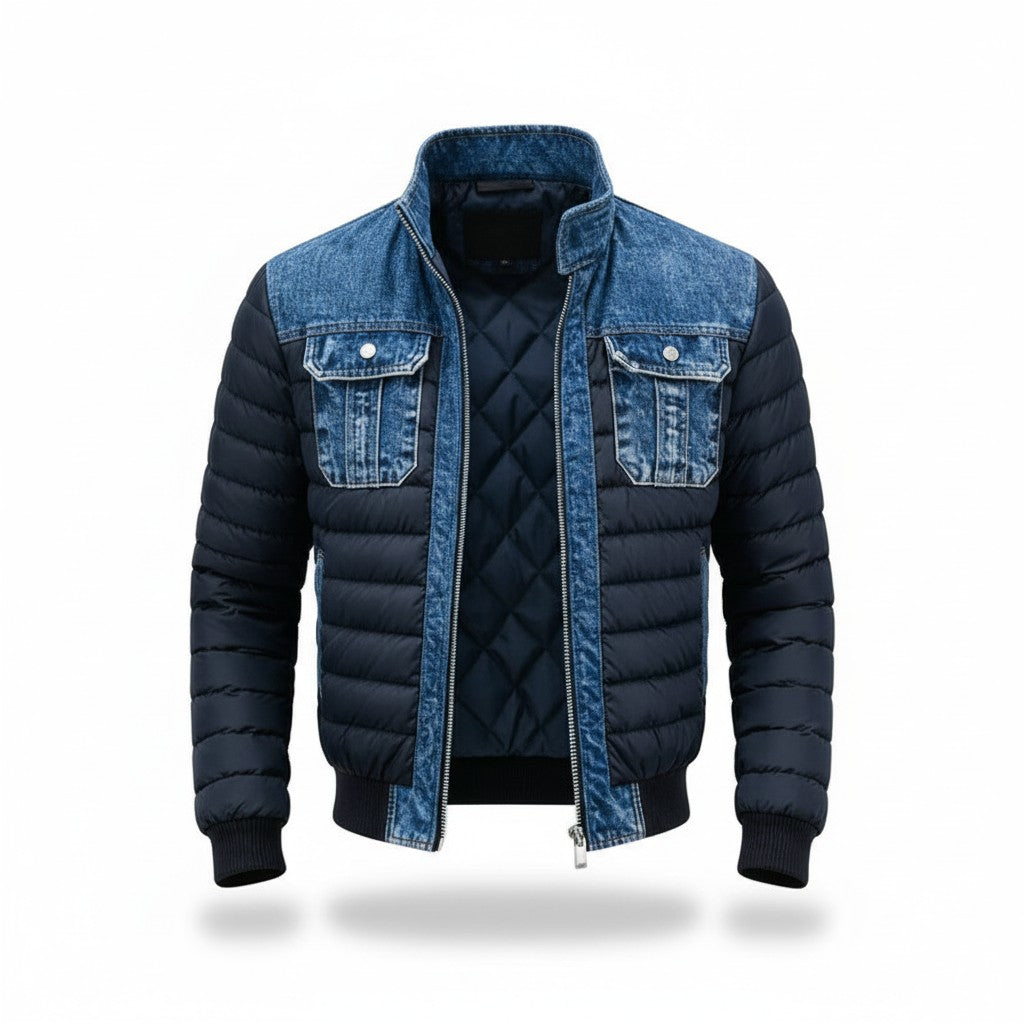 Herren-Steppjacke mit Jeans-Passe, Brusttaschen aus Denim und Stehkragen in Blau