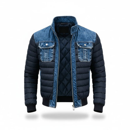 Herren-Steppjacke mit Jeans-Passe, Brusttaschen aus Denim und Stehkragen in Blau