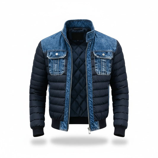 Herren-Steppjacke mit Jeans-Passe, Brusttaschen aus Denim und Stehkragen in Blau