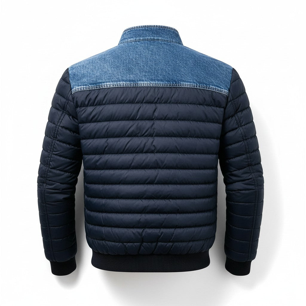 Herren-Steppjacke mit Jeans-Passe, Brusttaschen aus Denim und Stehkragen, Ansicht 2