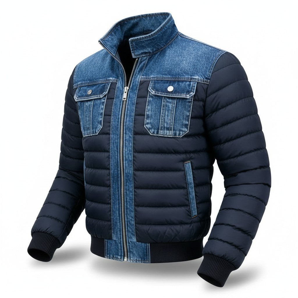 Herren-Steppjacke mit Jeans-Passe, Brusttaschen aus Denim und Stehkragen, Ansicht 3