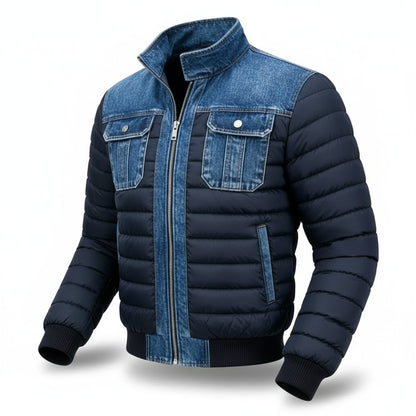 Herren-Steppjacke mit Jeans-Passe, Brusttaschen aus Denim und Stehkragen, Ansicht 3