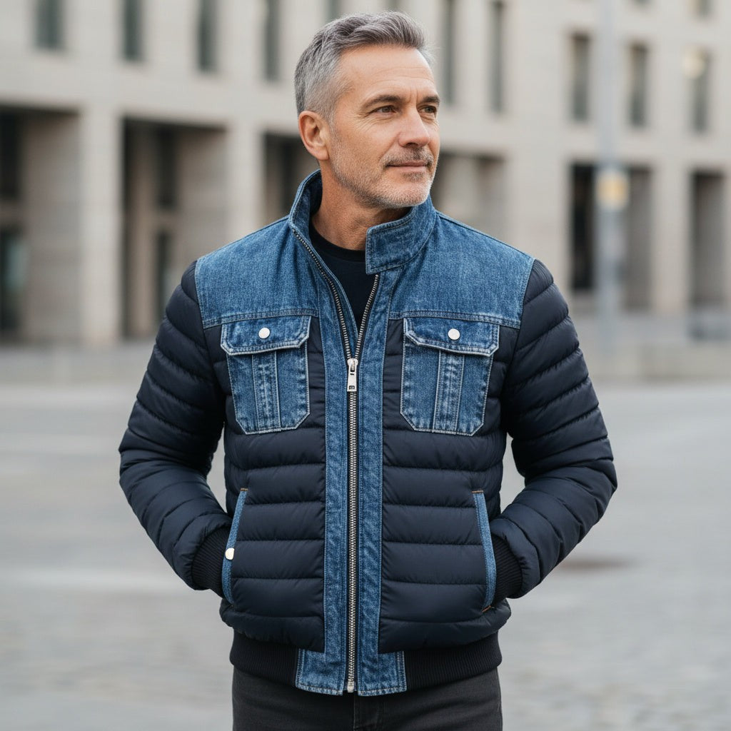 Herren-Steppjacke mit Jeans-Passe, Brusttaschen aus Denim und Stehkragen, Ansicht 4