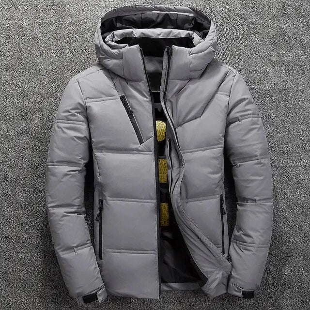 Herren-Steppjacke mit Kapuze und Brusttasche mit Reißverschluss für den Winter in Hellgrau