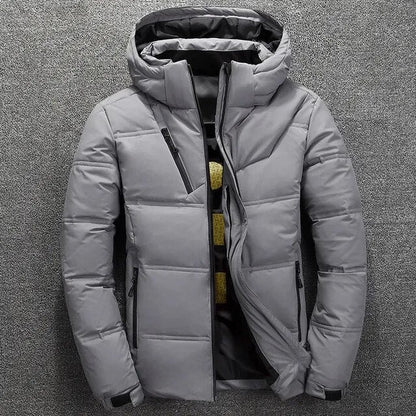 Herren-Steppjacke mit Kapuze und Brusttasche mit Reißverschluss für den Winter in Hellgrau