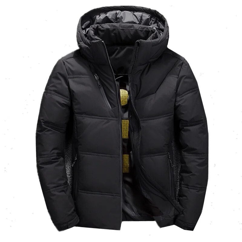 Herren-Steppjacke mit Kapuze und Brusttasche mit Reißverschluss für den Winter in Schwarz