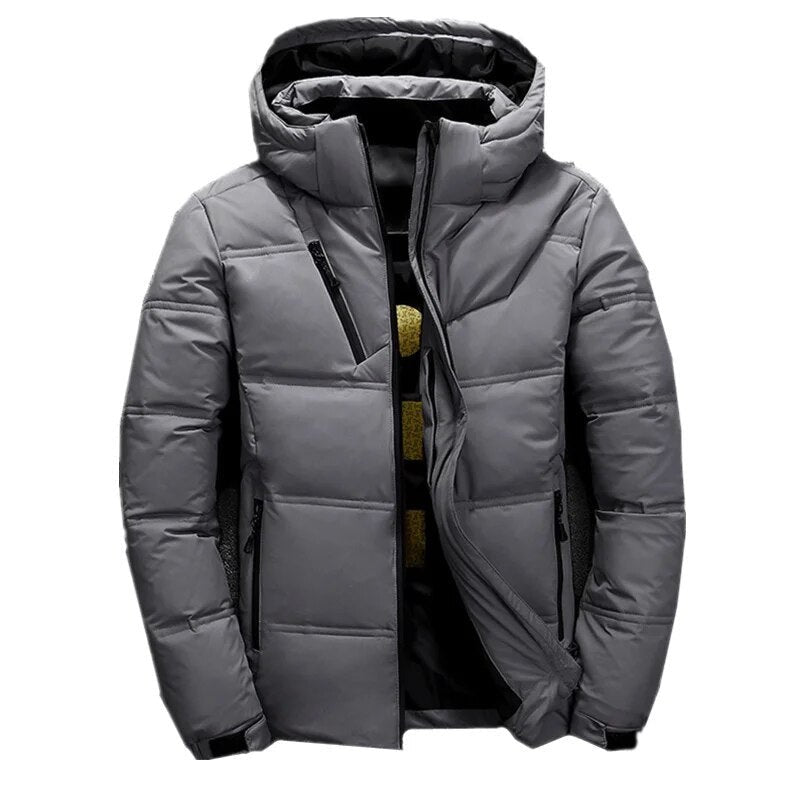 Herren-Steppjacke mit Kapuze und Brusttasche mit Reißverschluss für den Winter in Dunkelgrau