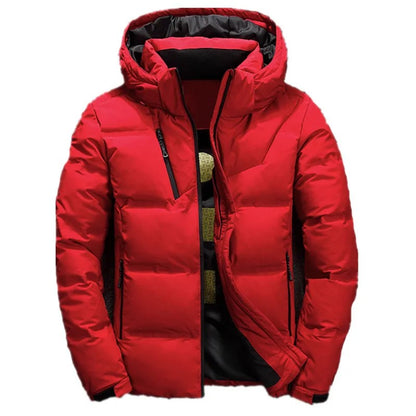 Herren-Steppjacke mit Kapuze und Brusttasche mit Reißverschluss für den Winter in Rot