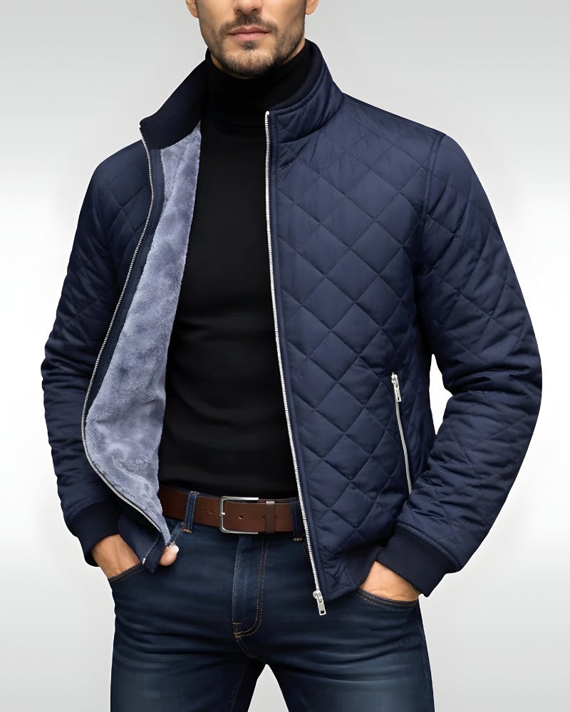Herren-Steppjacke mit Rautensteppung, Plüschfutter und Stehkragen für Herbst und Winter in Blau