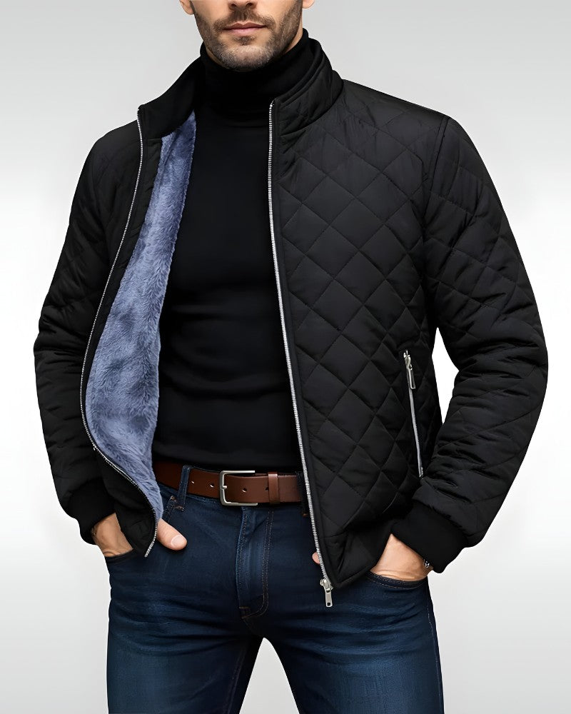 Herren-Steppjacke mit Rautensteppung, Plüschfutter und Stehkragen für Herbst und Winter in Schwarz