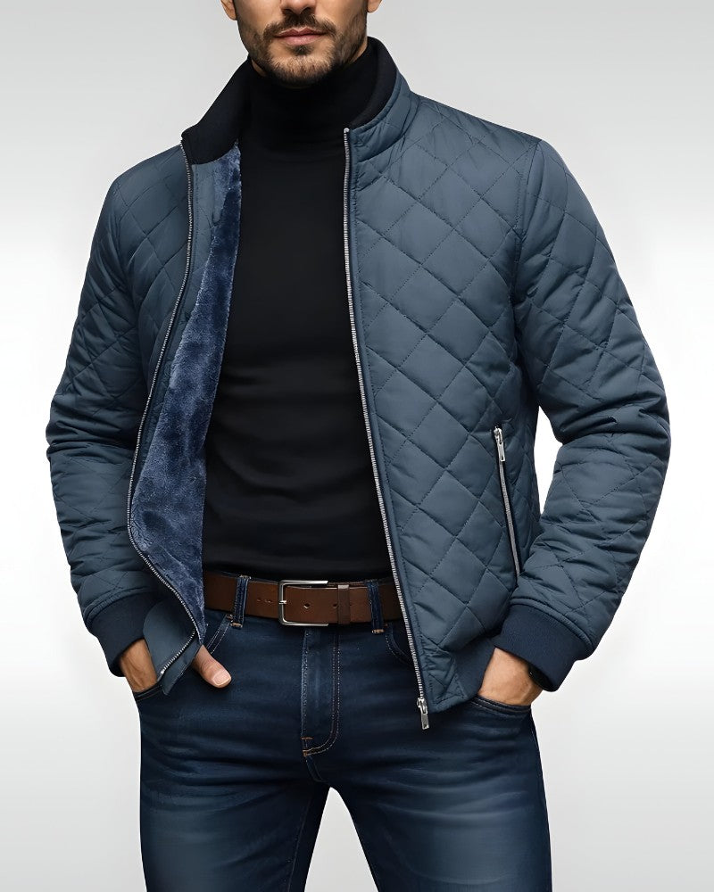 Herren-Steppjacke mit Rautensteppung, Plüschfutter und Stehkragen für Herbst und Winter in Grau
