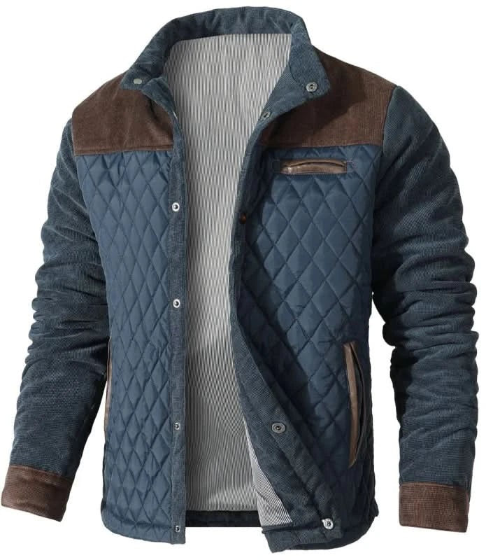 Herren-Steppjacke mit Stehkragen, Kunstlederbesatz und Druckknopfleiste für die Übergangszeit, Ansicht 3