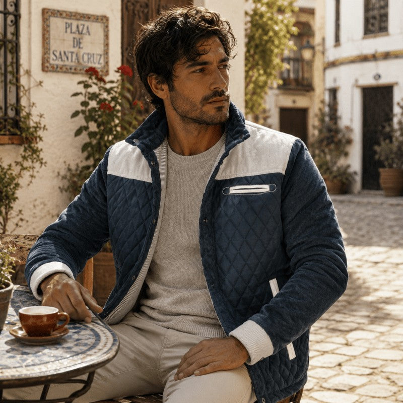 Herren-Steppjacke mit Stehkragen, Kunstlederbesatz und Druckknopfleiste für die Übergangszeit, Ansicht 4