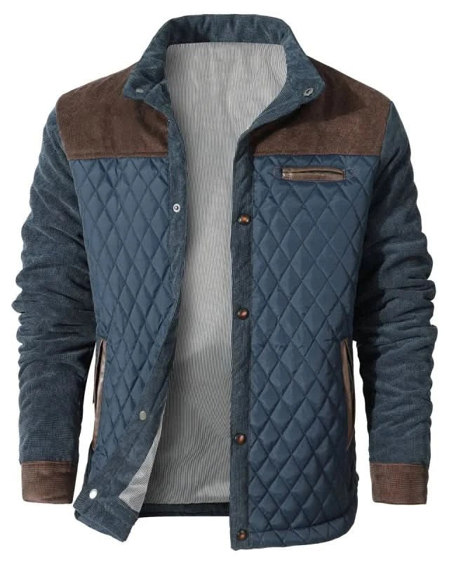 Herren-Steppjacke mit Stehkragen, Kunstlederbesatz und Druckknopfleiste für die Übergangszeit in Braun