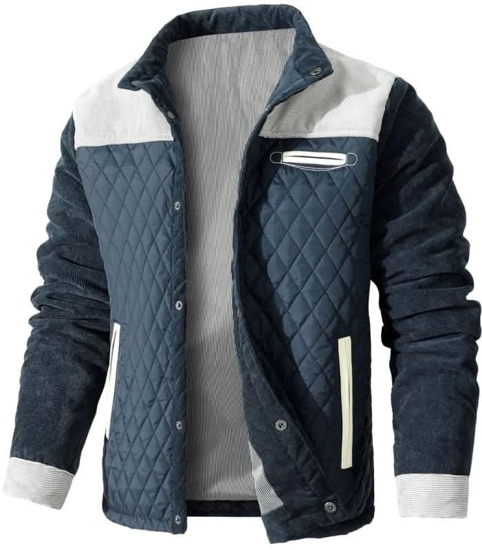 Herren-Steppjacke mit Stehkragen, Kunstlederbesatz und Druckknopfleiste für die Übergangszeit in Grau