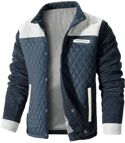 Herren-Steppjacke mit Stehkragen, Kunstlederbesatz und Druckknopfleiste für die Übergangszeit in Grau