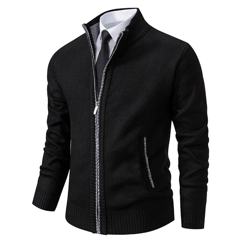 Herren-Strickjacke aus Merinowolle mit Stehkragen und durchgehendem Reißverschluss in Schwarz