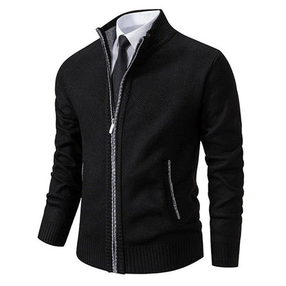 Herren-Strickjacke aus Merinowolle mit Stehkragen und durchgehendem Reißverschluss in Schwarz