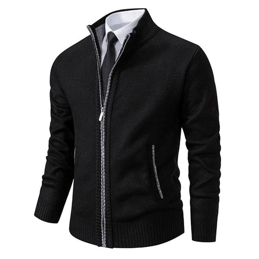 Herren-Strickjacke aus Merinowolle mit Stehkragen und durchgehendem Reißverschluss in Schwarz