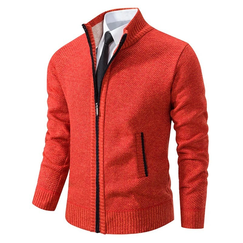 Herren-Strickjacke aus Merinowolle mit Stehkragen und durchgehendem Reißverschluss in Orange