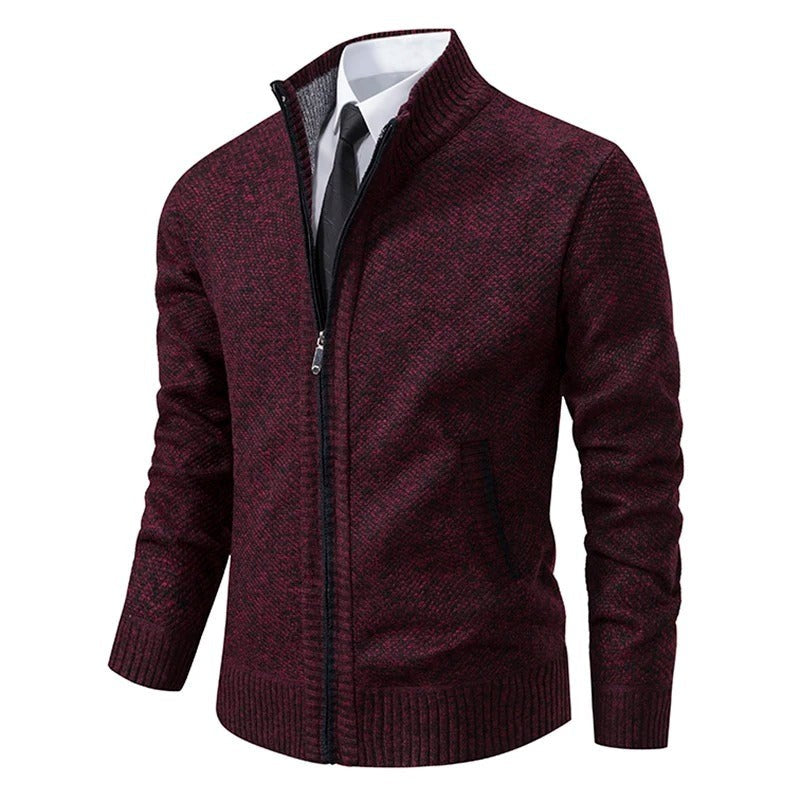 Herren-Strickjacke aus Merinowolle mit Stehkragen und durchgehendem Reißverschluss in Bordeaux