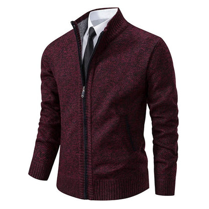 Herren-Strickjacke aus Merinowolle mit Stehkragen und durchgehendem Reißverschluss in Bordeaux