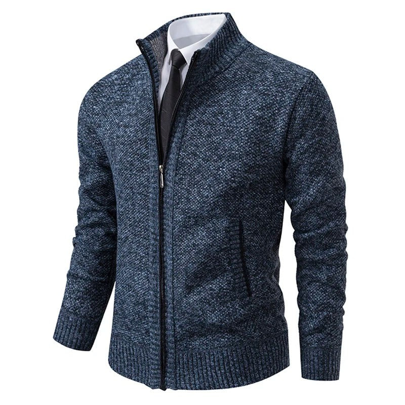 Herren-Strickjacke aus Merinowolle mit Stehkragen und durchgehendem Reißverschluss in Blau