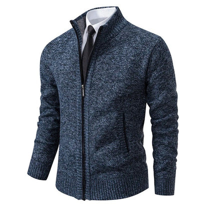 Herren-Strickjacke aus Merinowolle mit Stehkragen und durchgehendem Reißverschluss in Blau