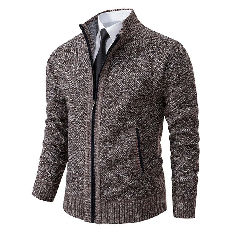 Herren-Strickjacke aus Merinowolle mit Stehkragen und durchgehendem Reißverschluss in Kaffeebraun